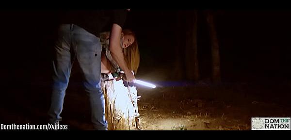  Submissive blonde gets gagging, spanking, and wedgie in the forest at night - Ashley Lane